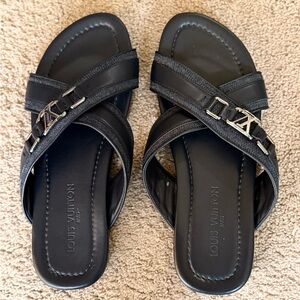 Louis Vuitton monogram Black Leather Slides with Silver Accents... AUTHENTIC